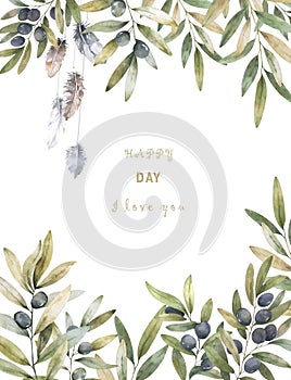 Olives and feathers frame for text. Greeting card. Border for text. Peace, love.