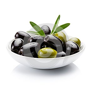 Olives fruits in plate on white backgrounds. Ai generative