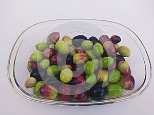 Olives on a glass bowl