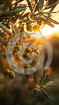 Olives hanging on a branch during a golden sunset, Generated AI