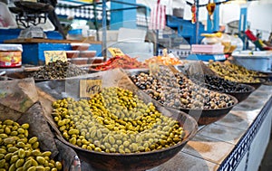 Olives on market counter in Eastern country