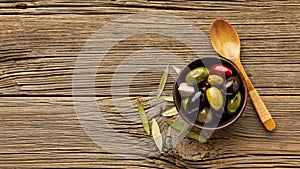 olives mix wooden spoon with copy space. High quality photo