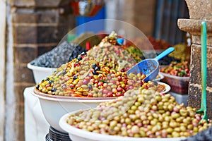 Olives on Moroccan market (souk) in Essaouira, Morocco