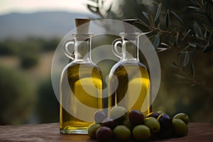 Olives oil bottles table. Generate Ai