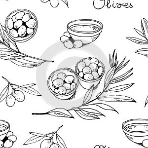 Olives and olive branch seamless vector pattern