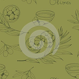 Olives and olive branch seamless vector pattern