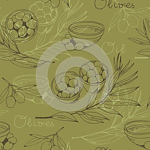 Olives and olive branch seamless vector pattern