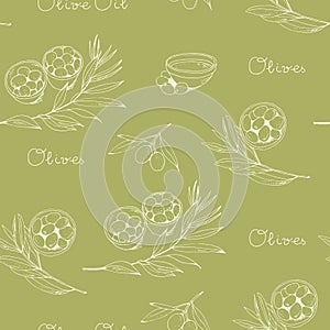 Olives and olive branch seamless vector pattern