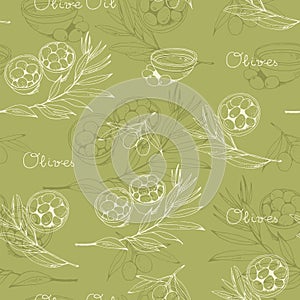 Olives and olive branch seamless vector pattern