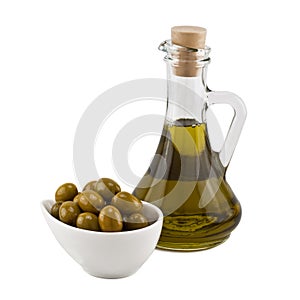 Olives and olive oil in a bottle