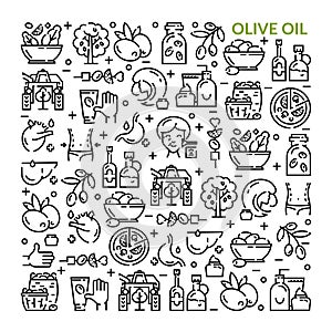 Olives. Olive oil. Set of linear icons.