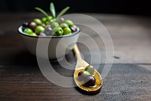 Olives and olive oil on wood