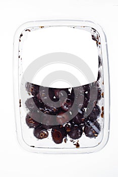 Olives in plastic box surface