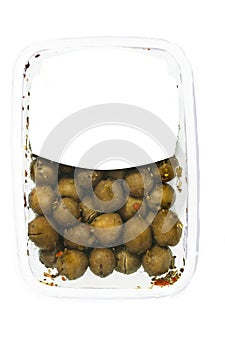 Olives in plastic box surface