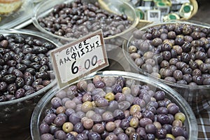 Olives for sale In Greek: `Olives from Amfisa`
