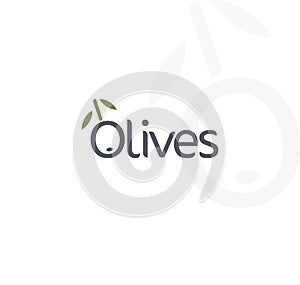 Olives vector logo. Black ripe and green olive, branch with leaves. Gourmet food emblems. Simple logotype design.