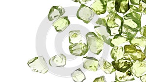 Olivine jewels heap up texture on white light background. Moving right seamless loop backdrop