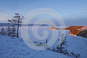 Olkhon island. Shamanka rock.Sunset landscape. Lake Baikal