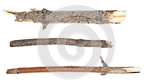 Ð¡ollage dry tree twigs branches isolated on white background. pieces of broken wood plank on white background. close-up