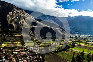 Ollantaytambo - old Inca fortress and town the hills of the Sacred Valley (Valle Sagrado) in the Andes mountains of Peru, South Am