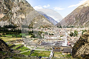 Ollantaytambo - old Inca fortress and town the hills of the Sacred Valley (Valle Sagrado) in the Andes mountains of Peru, South Am