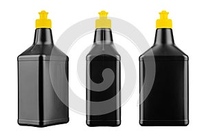 Ð¡ollection black plastic bottles with detergent for washing dishes and things at home, isolated on white background