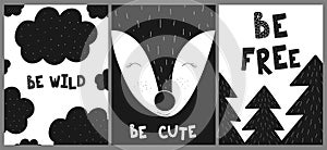 Ð¡ollection of cards, banners, posters for children. Vector black and white hand-drawn scandinavian illustration of cute fox, tree