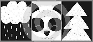 Ð¡ollection of cards, banners, posters for children. Vector black and white hand-drawn scandinavian illustration with panda, trees