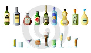 ollection of different alcoholic beverages in bottles with glasses of different shapes. Vodka, champagne, wine, whiskey, beer,