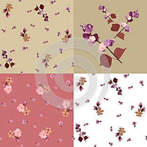 Ð¡ollection of four matching fabrics with delicate floral pattern or  original patchwork pattern. Rosebuds, tiny lobelia flowers