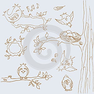 ÃÂ¡ollection of funny birds. line art. Hand-drawing. buttons web design