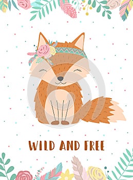 Ð¡ollection of hand-drawn boho fox with words Wild and Free. Illustration of polka-dots, flowers and feathers