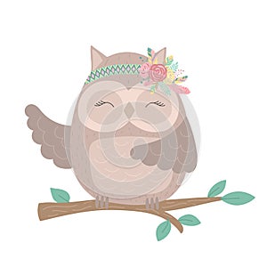 Ð¡ollection of hand-drawn boho funny owl on the tree with flowers and feathers.