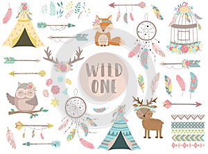 Ð¡ollection of hand-drawn boho style icons. The image of animals, arrows, feathers, flowers, wigwam, dreamcatcher.