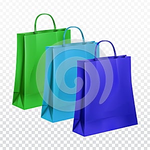 Ð¡ollection of paper bags in three colors: green, light blue and dark blue