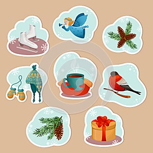 Ð¡ollection of winter stickers. Cozy winter compositions on blue background with snowflakes.