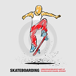 Ollie by skateboarder guy. Vector outline of skateboarding with scribble doodles. photo