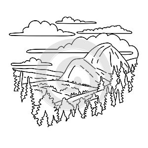 Olmsted Point with View of Half Dome in Yosemite National Park Monoline Line Art Drawing