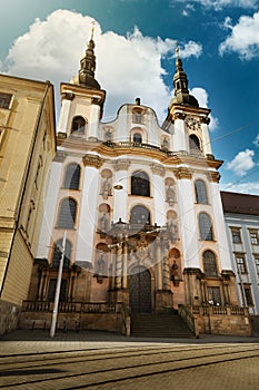 Olomouc - baroque pearl of Moravia, Republic square and Denis square with church st. Marry of snow