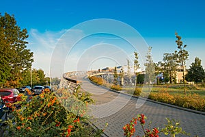 Olomouc, Czech Republic - September 18th, 2017: Pedestrian bridge over highway at Galerie Santovka shopping center with