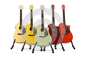 Ð¡olored Wooden Acoustic Guitars with Guitar Stand. 3d Rendering