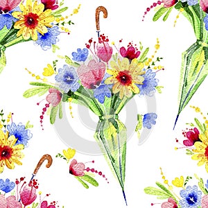 Ð¡olorful flowers protruding from the closed umbrella. Seamless pattern. Watercolor illustration.