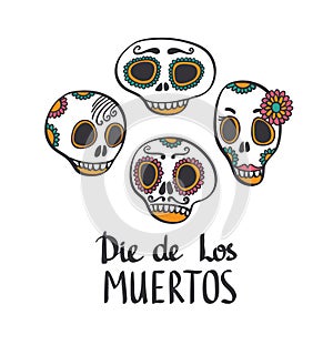 Ð¡olorful patterned skull set, Mexican day of the dead