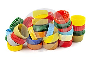 Ð¡olorful plastic caps on white background, recycle for environment concept. Separate wa