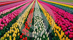 ?olorful tulip fields, top aerial view