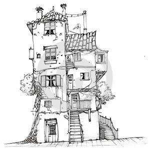 oloring page with a whimsical house for adults, in the style of dark white and light