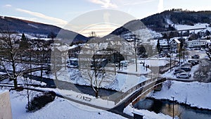 Olsberg city view with the river in winter