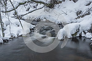 Olsovy creek near Petrovice village in Krusne mountains in winter cold morning