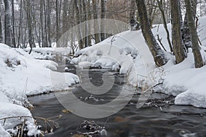 Olsovy creek near Petrovice village in Krusne mountains in winter cold morning