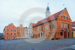 Olsztyn, Poland 2017. 11. 30. main square of the Old Town, ghotic town hall in Olsztyn old city. Old central city street.